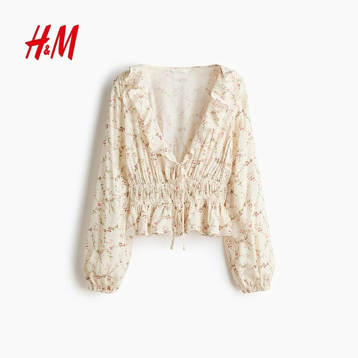 H&M2026 Spring New Women's Ruffled Viscose Top 1321146 Light Beige/Floral XS 155/80