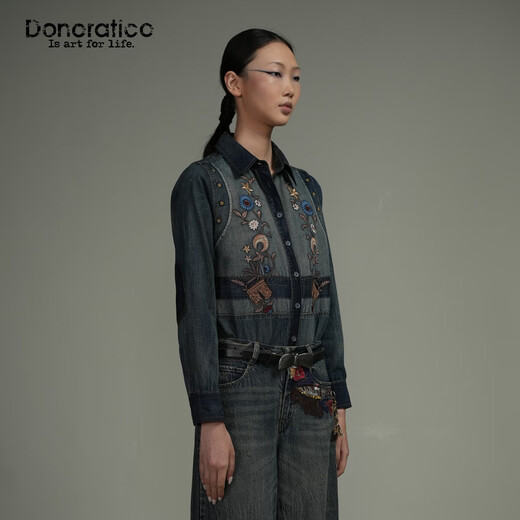 Dayiyan original design embroidered shirt 2026 spring new cotton and linen denim shirt fashionable and versatile mid-length loose still blue S