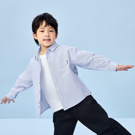 Heilan House (HLA) long-sleeved fashion shirt children's clothing 26 spring new 100% cotton lapel striped tops boys' shirts light blue stripes 02 110 /56