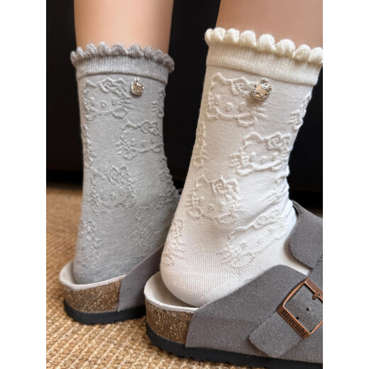 Modal Hello Kitty Socks Women's Lace Pile Socks Cartoon Pendant Socks Japanese Cute Spring and Autumn Mid-Tube Socks Black + Pink One Size Women's 35-40 Embossed Kitty