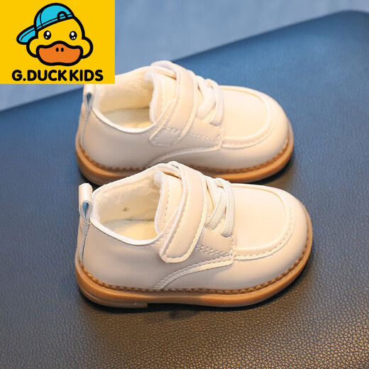 G.duck Little Yellow Duck Winter New Baby Girl Toddler Shoes Boys Small Leather Shoes Plus Velvet Soft Sole Small Baby Shoes British Style Off-White Plus Velvet Foot Length +0.5cm Choose Inner Length 17 125mm