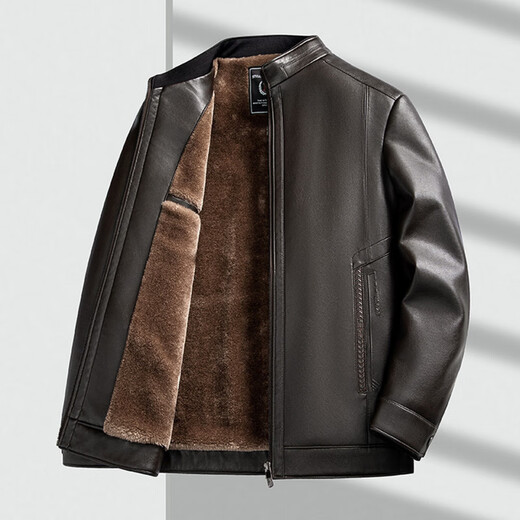 Pierre Cardin Pierre Cardin Winter Leather Jacket Men's Velvet Thickened 2026 Spring New Dad Warm Stand-up Collar Jacket Brown L Recommended 90-120Jin Jin equals 0.5 kg