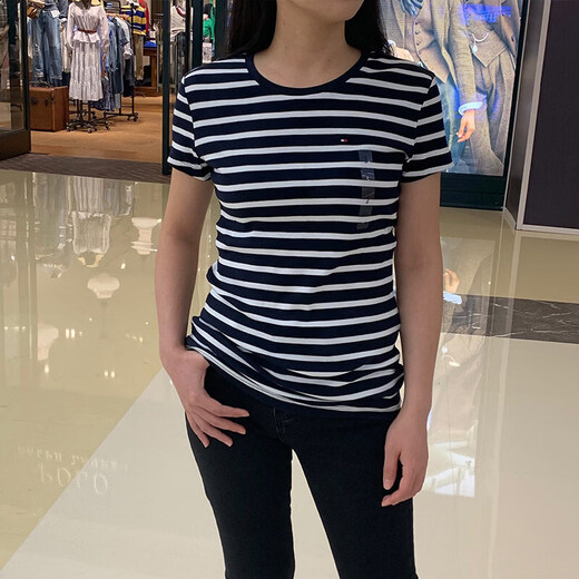 Tommy Hilfiger official flagship Tommy Qiuqiu women's comfortable cotton casual versatile round neck short-sleeved T-shirt 1# navy striped 4405 410 XS bust 76