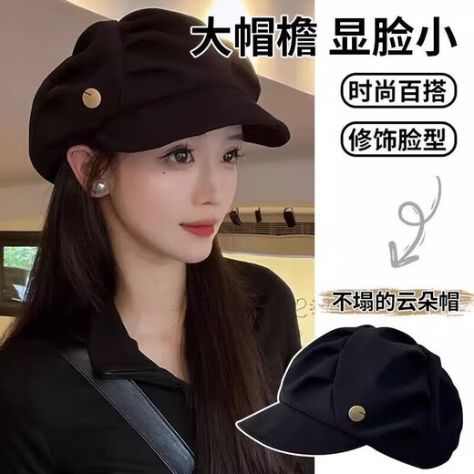 JIOESC beret hat women's autumn and winter sun visor octagonal hat versatile new big head circumference showing face small Korean version pleated beret black one size