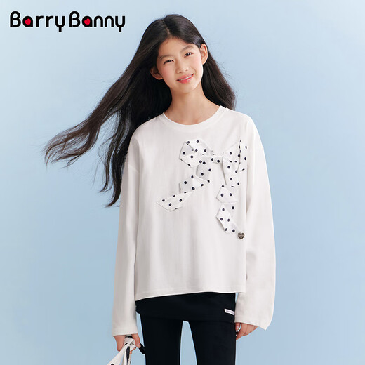 BARRY BANNY Girls' Bow T-shirt 2026 Spring Medium and Large Children's Pure Cotton Long-Sleeved Round Neck Casual Top Gardenia White 160