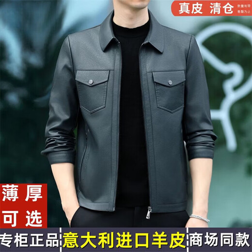 JEEP SPIRIT海宁真皮皮衣男翻领皮夹克春秋冬季休闲短款薄款加厚纯皮外套 蓝色【春秋】 薄款 4XL 195(175-190斤)