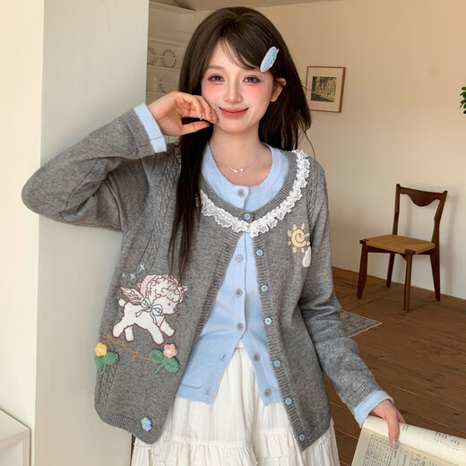 Mori tribe sweet and cute lamb embroidery fake two-piece knitted cardigan for women new versatile loose sweater spring knitted cardigan single piece S model size