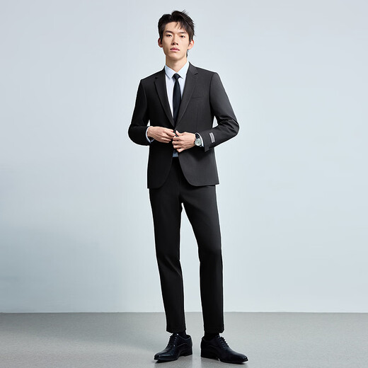 LiLang Youth Business Men's Double Stretch Suit Suit Men's Stretch Anti-Wrinkle Easy-Care Suit Two-piece Set Black (1SA) 175A