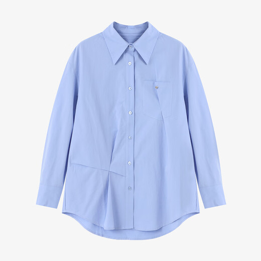 Basic House/Baijiahao spring pure cotton lapel long-sleeved shirt women's loose pinch pleated blue layered shirt blue S