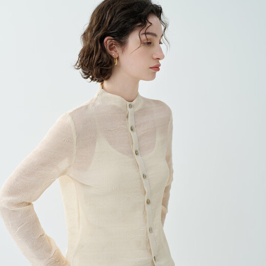 EIN PURE Airy Texture Small Stand Collar Collision Material Stitching Artistic Long Sleeve Shirt 2026 Early Spring New Style Light Apricot S