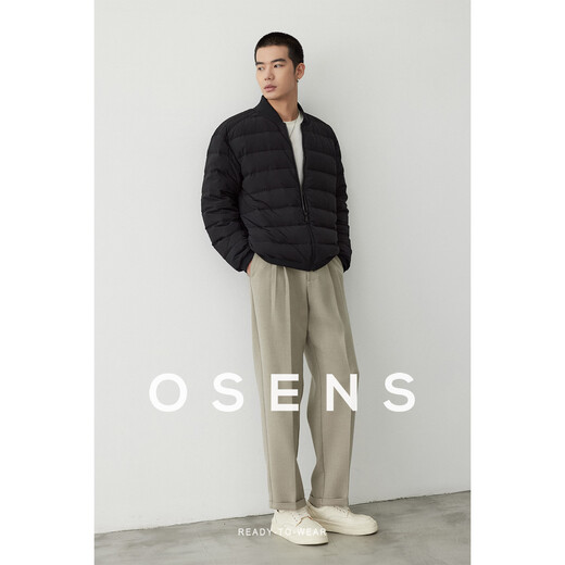 OSENS men's four-way elastic 90 velvet winter lightweight men's baseball collar jacket rib style down jacket classic black XL (180/100A)