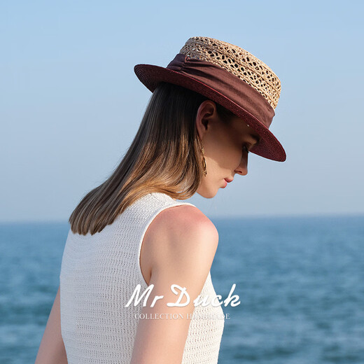 Mr DUCK Extra Fine Natural Wheat Straw Raffia Straw Hat French Elegant Flat Top Hat Women's Fashionable Style Hollow Sun Hat Raw Grass/Burgundy (Lightweight and Breathable) M(55-57cm)