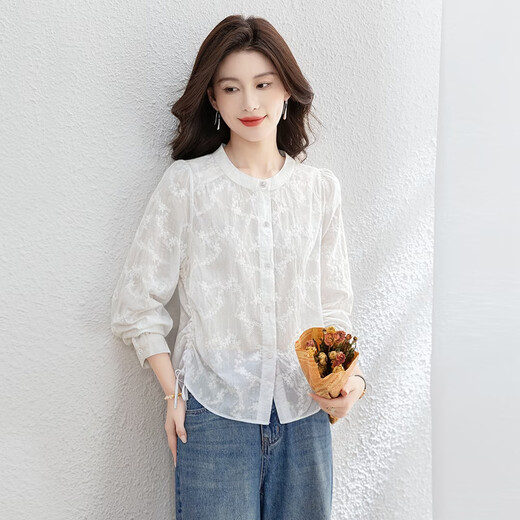 Sibaishe round neck shirt 2026 spring new women's simple embroidered drawstring loose single-breasted shirt white L