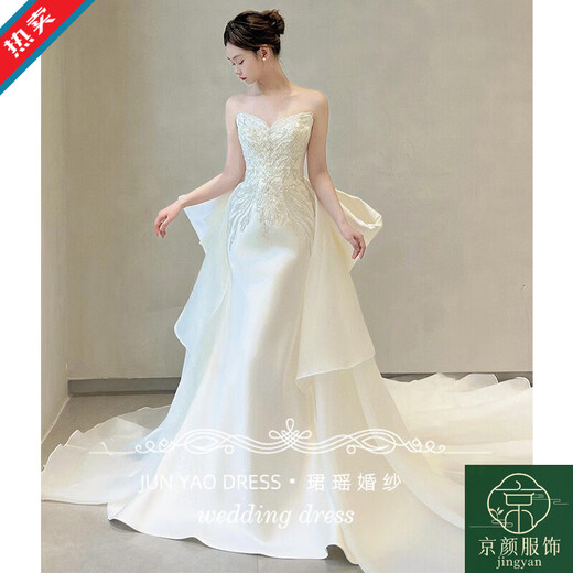 YWZR Xiaohongshu Satin Light Wedding Dress 2026 New Engagement Dress Mermaid Tube Top Door Veil Heavy Industry Dressing Dress Women's Fugitive Princess Bow Dress (Veil + Hand S