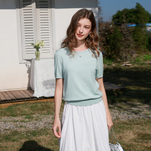 Tricolor modal combed cotton 2026 spring new short-sleeved sweater round neck solid color pullover simple M mint green S 155/80A