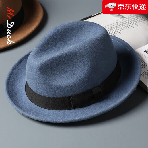 Mr DUCK new product British style curly top hat for men and women, retro British trendy wool soft felt hat, black jazz hat with large size MW186237-cyan blue (5cm small side S size (52-55cm)