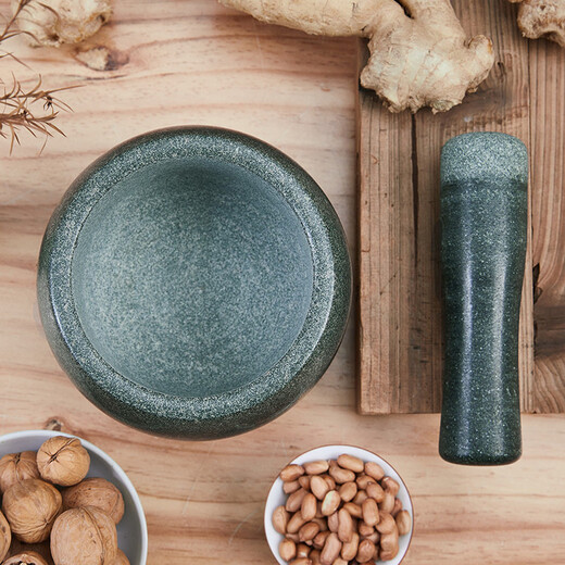 Sanqihu natural bluestone mortar household garlic masher, kitchen garlic masher, garlic masher, medicine jar, garlic peeler, food grinder, small diameter 14CM, comes with anti-splash lid