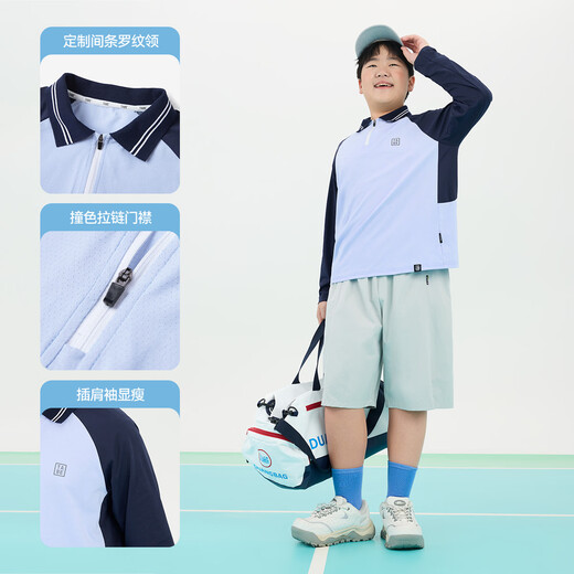 Piggy Tony rice paper quick-drying polo shirt, boy's T-shirt, children's long-sleeved T-shirt, fat children's clothing, plus fat, school uniform, sports spring, sports long-sleeved polo blue, one size fits all, 140cm, suitable for 130-145 height, 70-90Jin Jin equals 0.5 kg