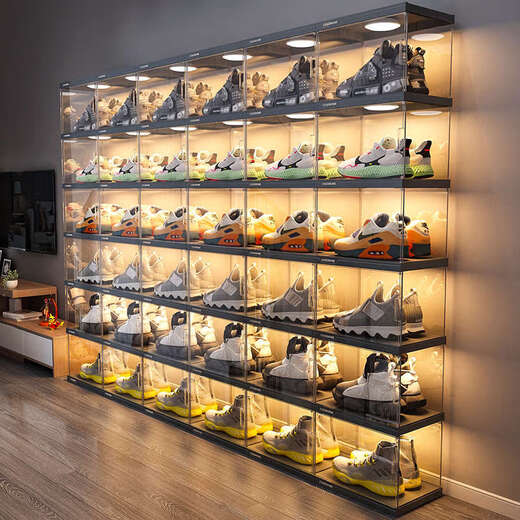 Yusenyi shoe storage household large-capacity transparent shoe box, folding shoe cabinet, shoe wall display rack with remote control, high-permeability magnetic door, 6 pairs (high-end collection display)