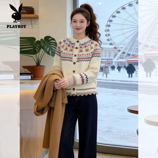 Playboy (PLAYBOY) Fair Isle jacquard retro sweater jacket for women 2026 spring new popular loose knitted cardigan style top white L 100--110Jin Jin equals 0.5 kg