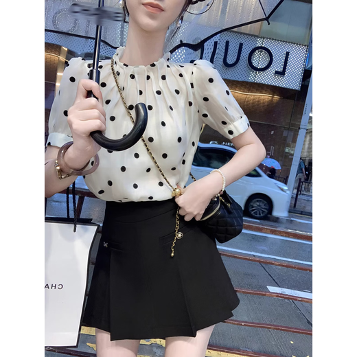 Fish Rabbit's Rabbit French Puff Sleeve Polka Dot Short Sleeve Shirt Women's Summer New Design Niche Top Polka Dot White M