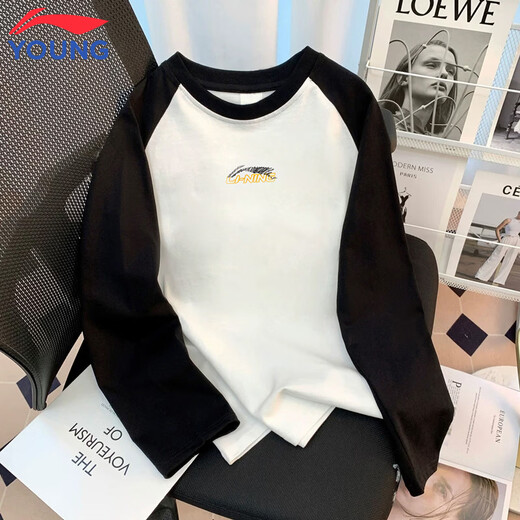 Li Ning children's long-sleeved spring new T-shirt 2026 boys trendy raglan sportswear youth pullover round neck top white/black/black 130 cm