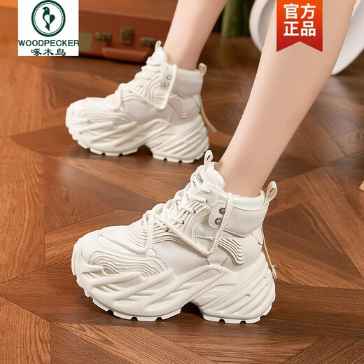 Woodpecker plus velvet daddy shoes for women 2025 winter new style small inner height increasing women's shoes thick sole versatile warm high-top shoes beige velvet lining 36