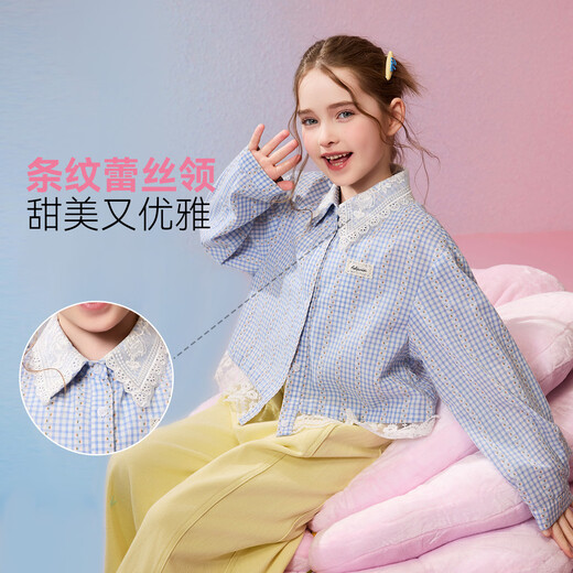 ASK JUNIOR children's shirt 2026 spring new arrival medium and large children's lace splicing plaid long-sleeved jacket girls fashion tops blue and white plaid 170