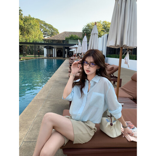 Pusumede Wuyu white and blue casual striped shirt slightly see-through loose temperament long-sleeved shirt apricot bottom white stripes S