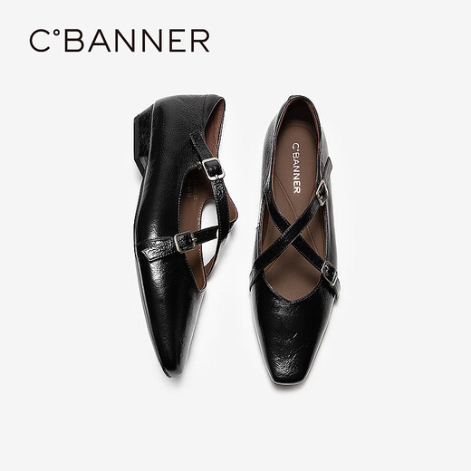 C.BANNER Cross Buckle Mary Jane Shoes Women's 2026 Spring New Low Heel Flat Leather Shoes Black 35 (225mm)
