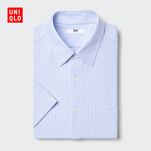 Uniqlo Men's Quick-drying Anti-wrinkle Shirt/Striped Short-Sleeved Shirt 482477 64 Lake Blue L