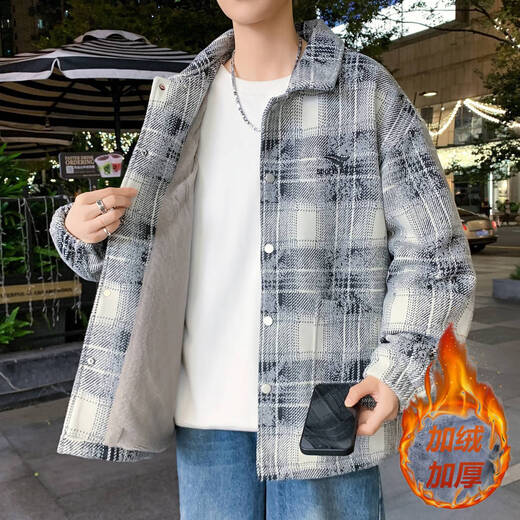 Winter coat men's velvet thickened trendy brand plaid jacket men's hooded autumn and winter baseball uniform loose casual cotton jacket light gray hoodless 8611 4XL recommended 175-195Jin Jin equals 0.5 kg