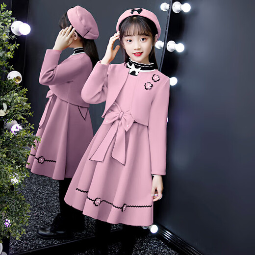 Girls' woolen suit dress, children's autumn and winter thickened princess skirt, two-piece set, fashionable little girl skirt, 62 styles of pink shawl + skirt + pantyhose, free hat, size 160, height 145-155, weight 66-75 Jin Jin is equal to 0.5 kg