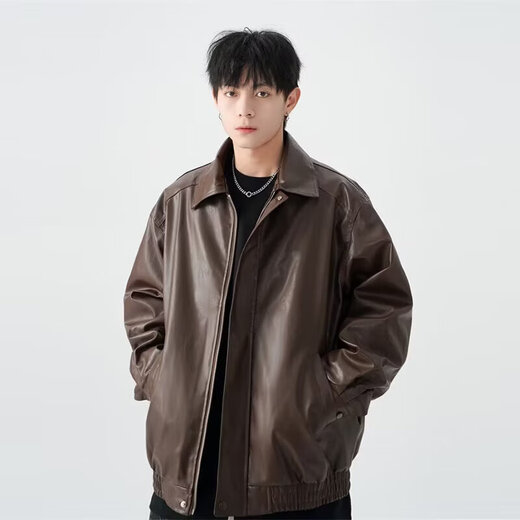 American high street PU lapel leather jacket for men and women in autumn and winter handsome loose motorcycle jacket black 2XL