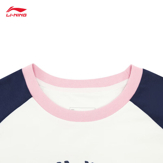 Li Ning children's short-sleeved cultural shirt for girls 2026 new soft, comfortable, skin-friendly, breathable round-neck casual sports top, milky white/dark navy blue-3 120