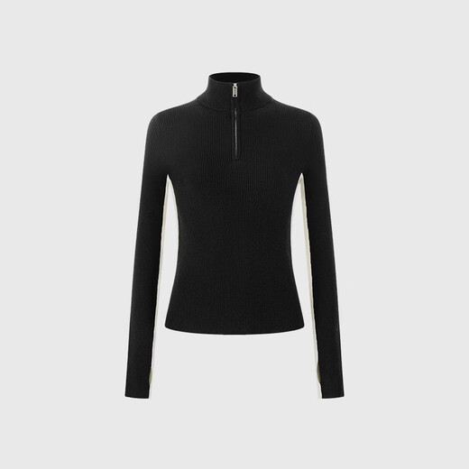 5+(FivePlus)FIVE PLUS contrasting color half-open collar zipper sweater, feminine slim fit and versatile top, black L (one size fits all) (130Jin Jin is equal to within 0.5kg)