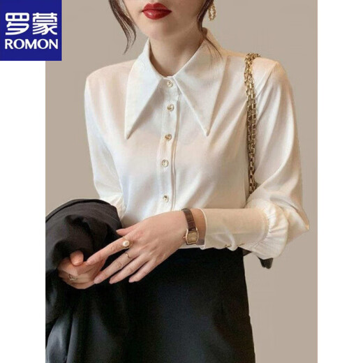 ROMON white shirt women's long-sleeved 2026 spring and autumn new large collar shirt loose slim design niche stacking top white 2XL
