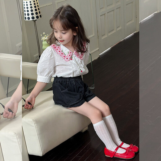 SEVEN BOBI No. 7 Children's Warehouse Girls' Korean Style Embroidered Short-Sleeved Shirt Summer New Style Children's Lapel Puff Sleeve Casual Top Fashion White Ready in Stock 160 cm