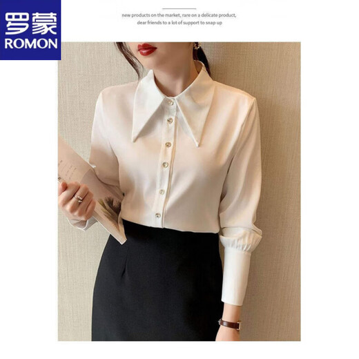 ROMON white shirt women's long-sleeved 2026 spring and autumn new large collar shirt loose slim design niche stacking top white 2XL
