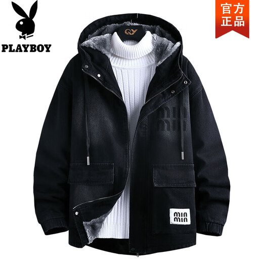 Playboy (PLAYBOY) winter coat jacket 2026 winter new denim jacket velvet thickened warm men's casual versatile jacket 9037 black velvet 2XL recommended 130-150Jin Jin equals 0.5 kg