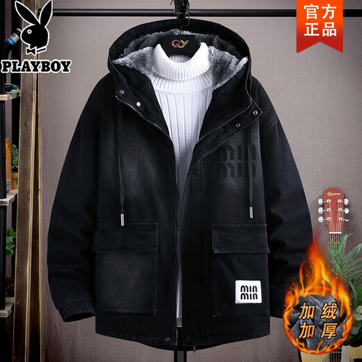 Playboy (PLAYBOY) winter coat jacket 2026 winter new denim jacket velvet thickened warm men's casual versatile jacket 9037 black velvet 2XL recommended 130-150Jin Jin equals 0.5 kg