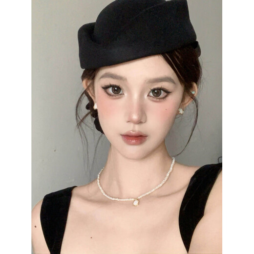 Shijanu retro Hepburn style black flat top hat women's French elegant beret black stewardess hat