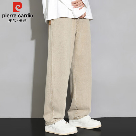 Pierre Cardin jeans men's spring fashion brand loose casual overalls men's American wide-leg long pants khaki M