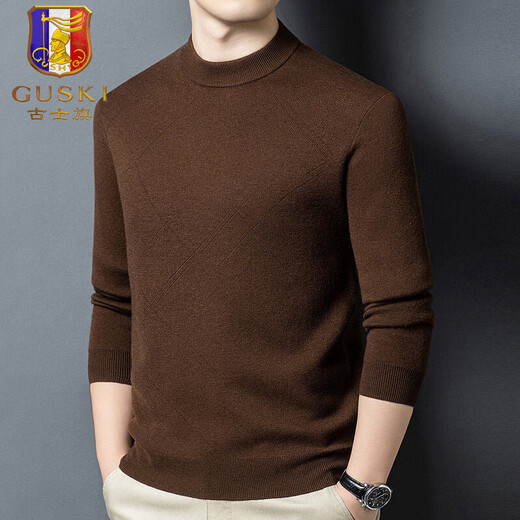 GUSKI light luxury brand high-end men's pure wool sweater men's casual sweater business warm and comfortable sweater base layer curtain brown exquisite gift box M (105)