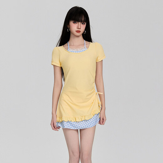 Tianzhui swimsuit for women 26 years new swimming beach conservative slimming women's sports skirt to cover the flesh hot spring without steel support split swimsuit for women yellow and blue checkered color matching two-piece set one size fits all recommended 80-115 Jin Jin is equal to 0.5 kg