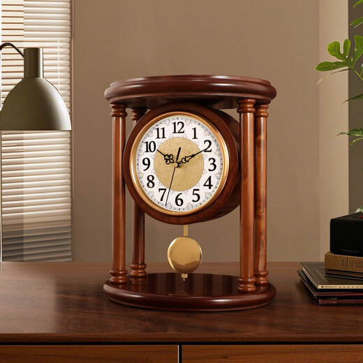 The Story of Time New Chinese style high-end solid wood old-fashioned table clock home tabletop clock antique sitting clock YS282 large size - brown swing model - solid wood - Lisheng movement height 34 width 28