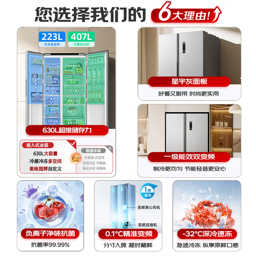 Meiling refrigerator 630 liter storage compartment double door first-class energy efficiency dual frequency conversion antibacterial low noise super large capacity double door air-cooled frost-free BCD-630WKPCX national subsidy