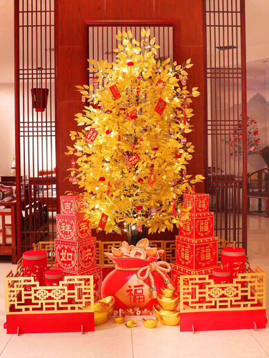 Xushansi 2026 Horse New Year Decoration Atmosphere Scene Layout Floor-standing Decoration Spring Festival New Year’s Day Money and Fortune Christmas Tree Lights 2.1 Meter Money Tree Package + Lion Wake Style (Free Light String + Red Cloth)