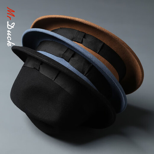 Mr DUCK new product British style curly top hat for men and women, retro British trendy wool soft felt hat, black jazz hat with large size MW186237-cyan blue (5cm small side S size (52-55cm)