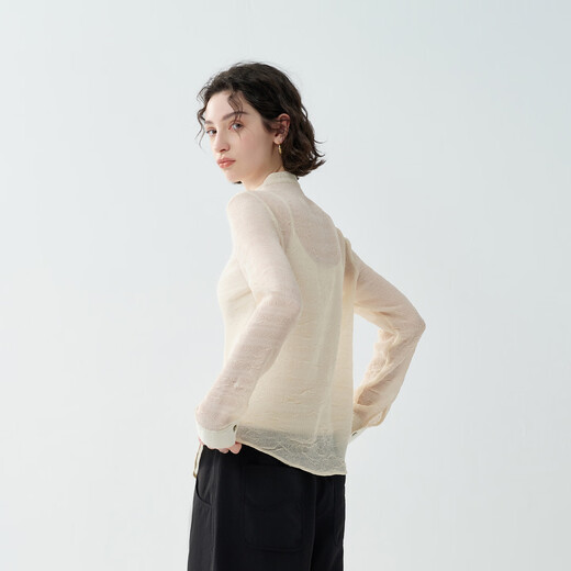 EIN PURE Airy Texture Small Stand Collar Collision Material Stitching Artistic Long Sleeve Shirt 2026 Early Spring New Style Light Apricot S